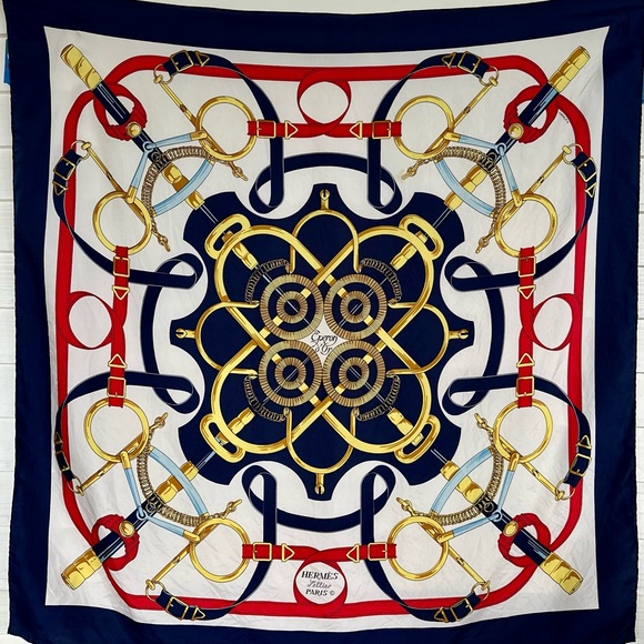 Hermes Authentic Eperon D’Or silk scarf 90 cm blue red white